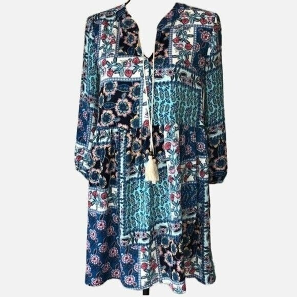 Patchwork Mini Dress Size XS Tunic Tassles Blue Print Long Sleeves Boho Cottage - Picture 1 of 6